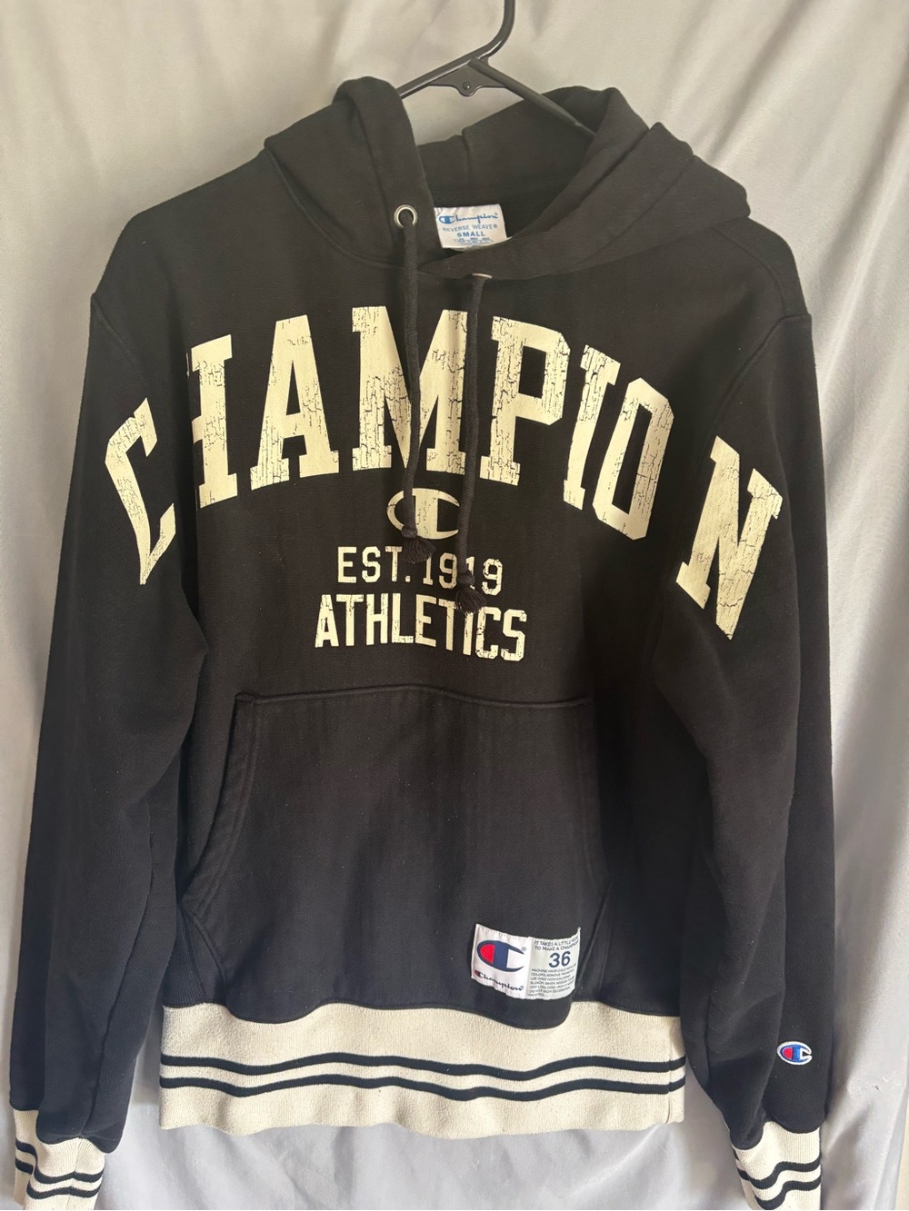 Champion Black Reverse Weave Hoodie with White Logo Print